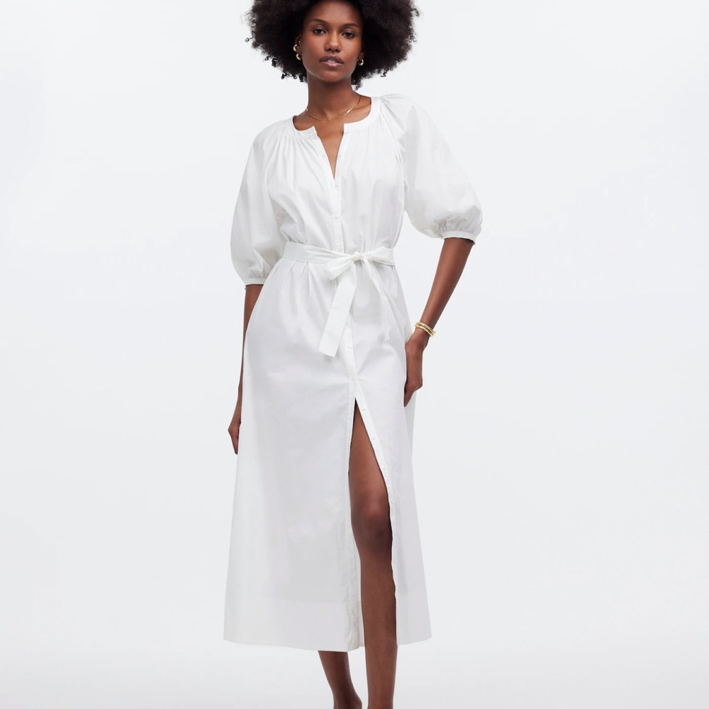 Madewell Tie-Waist Button-Front Midi Dress in Poplin - Picture 1 of 10